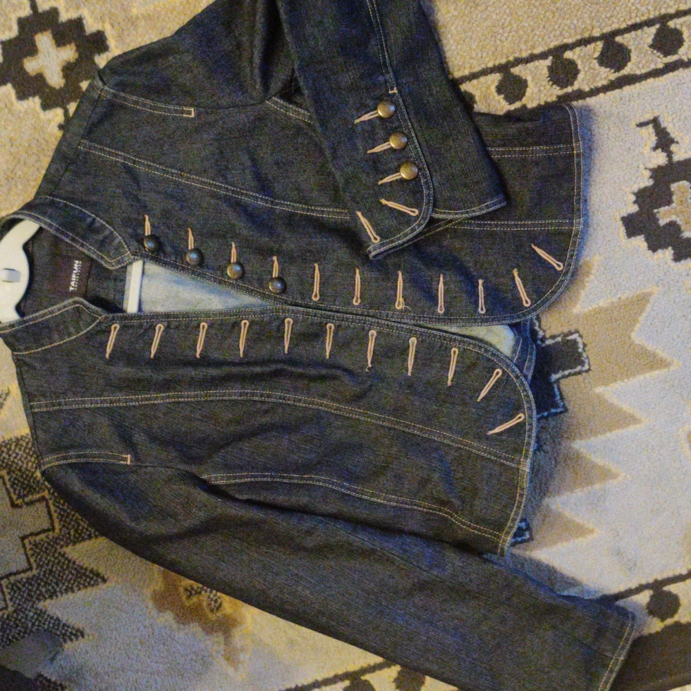 TAIFUN Collection Military Style Jean Jacket, Size 8, Dark Wash, Gold Accents